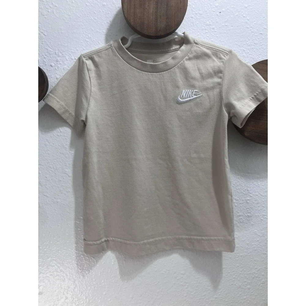 The Nike Tee Tan Short Sleeve Size 3T White Embroidered Logo Neutral Minimalist